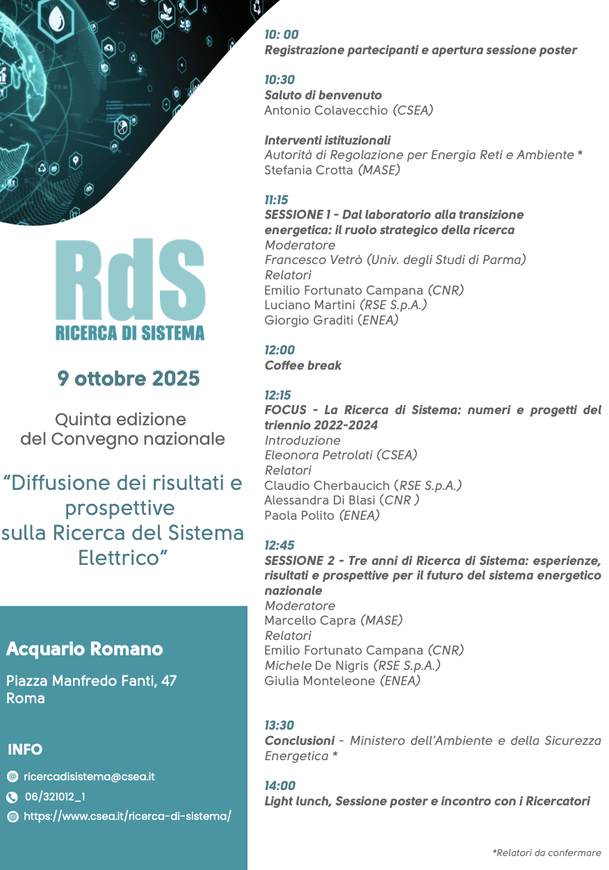 Convegno nazionale Ricerca di Sistema 2025 - Diffusione dei risultati e prospettive sulla Ricerca del Sistema Elettrico